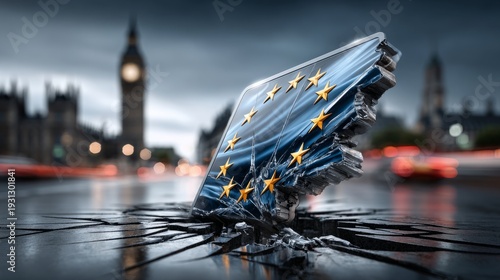 Wallpaper Mural A piece of the European flag stands strong in a cracked urban landscape, representing unity's strength and challenges Torontodigital.ca