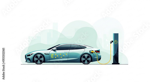 A sleek electric car is being charged at a modern charging station with a cityscape in the background.
