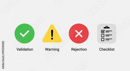 A set of four flat design icons representing validation, warning, rejection, and checklist concepts