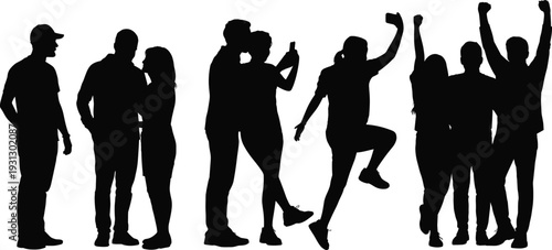 Black silhouettes of happy people group, friends celebrating, couples and individuals in joyful action poses, isolated vector for social design