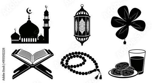 Mosque, Lantern, Flower, Book with Crossed Swords, Rosary, Coffee Cup in Six Simple Monochrome Illustrations on White Background
