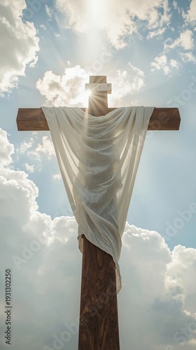 The symbolism of cross in christianity with white cloth and heavenly light