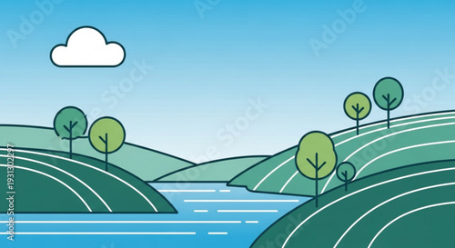 A serene landscape illustration of rolling hills, trees, and a winding river under a blue sky with a cloud.