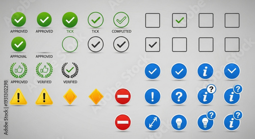 A collection of various icons and symbols for approval, verification, and information, presented in a vector graphic design.