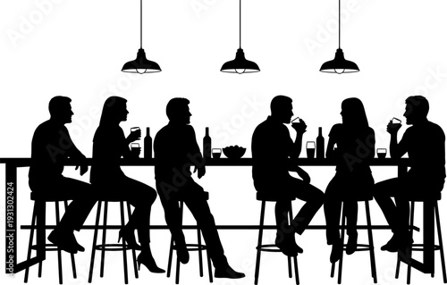Silhouettes of diverse people enjoying drinks and conversation at a modern bar counter.