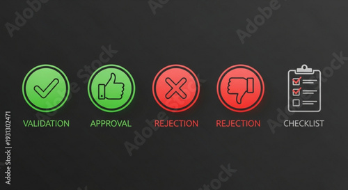A vector graphic illustration of validation, approval, rejection, and checklist icons in a flat design style