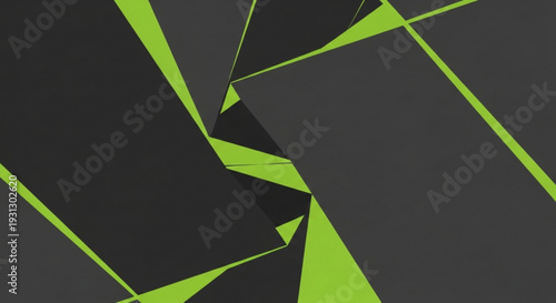 A modern geometric abstract vector graphic with neon green lines on a dark background