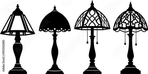Elegant Set of Four Vintage Table Lamps Silhouettes on White Background