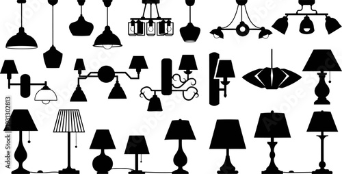 Diverse collection of modern and classic lamp and chandelier silhouettes, vector illustration set.