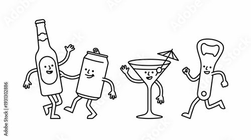 Cartoon Drink Vector Characters | Beer Bottle, Beer Can, Martini Glass, Soda Cup, Shot Glass, Bottle Opener, Fun Anthropomorphic Beverage Illustrations for Kids Media, Advertising, Stickers, Creative 