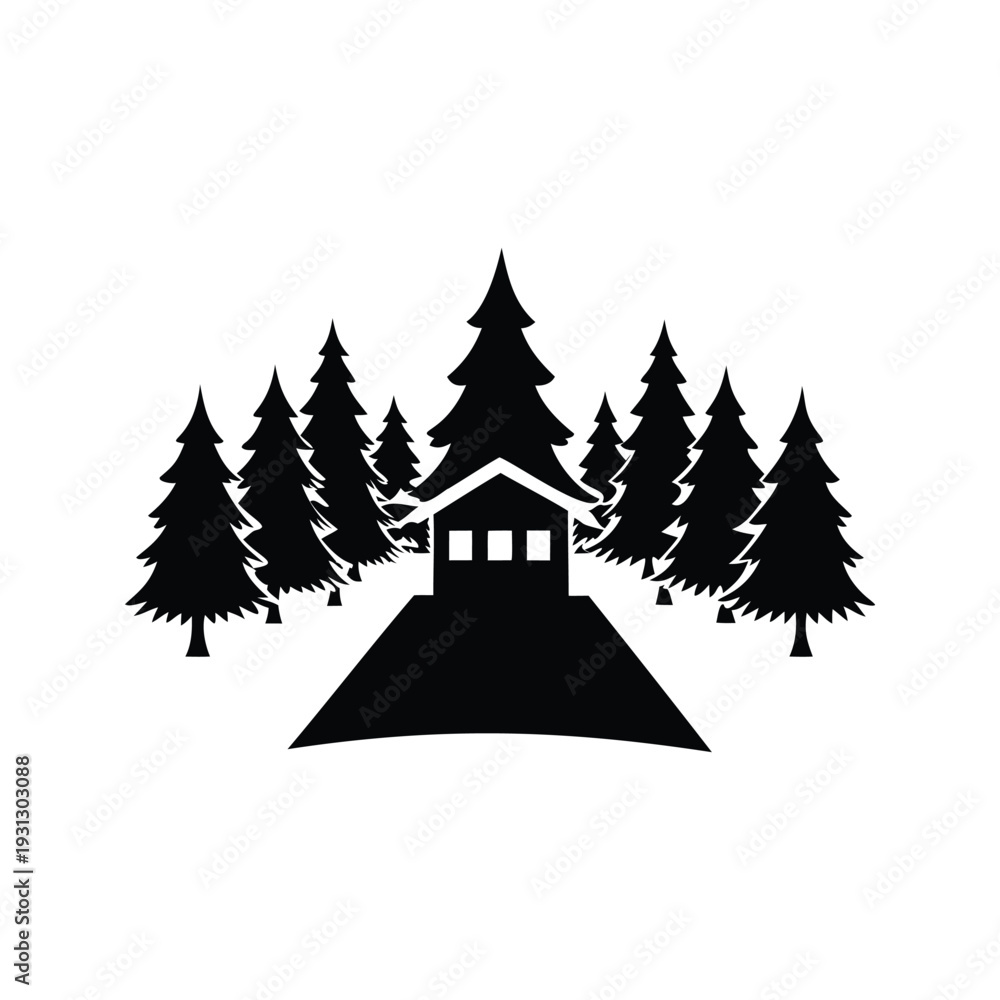 Fototapeta premium Silhouette of a cozy cabin surrounded by tall pine trees vector illustration, christmas tree farm silhouette vector illustration