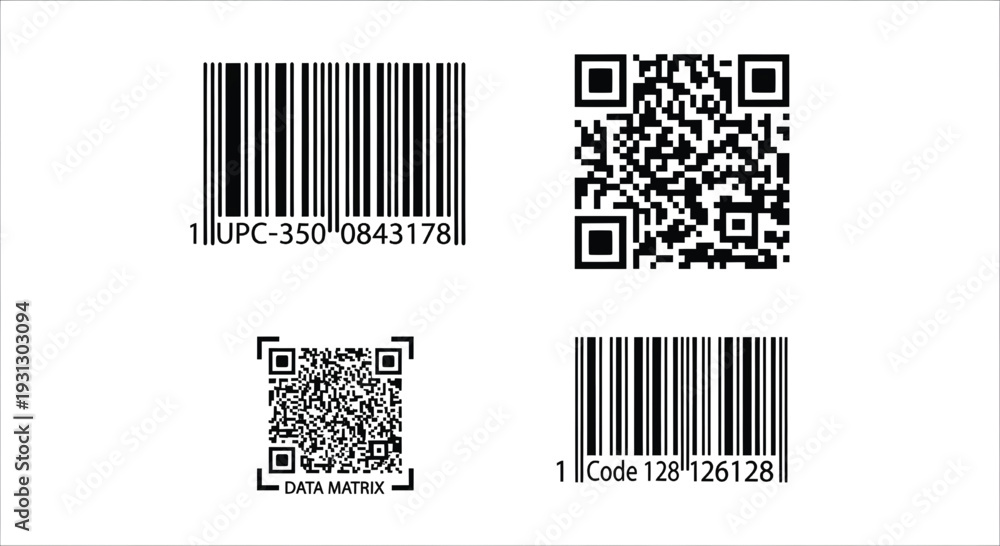 Obraz premium A collection of barcode and QR code labels on a white background
