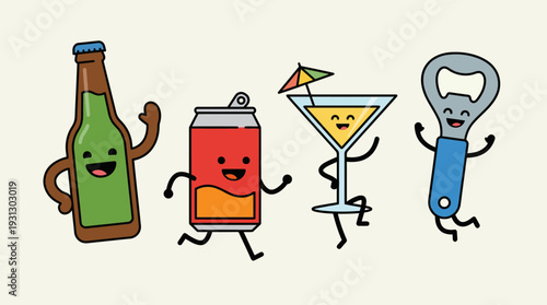 Cartoon Drink Vector Characters | Beer Bottle, Beer Can, Martini Glass, Soda Cup, Shot Glass, Bottle Opener, Fun Anthropomorphic Beverage Illustrations for Kids Media, Advertising, Stickers, Creative 