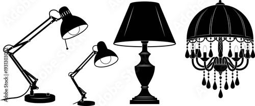 Collection of diverse lighting fixtures silhouettes, including desk lamps, table lamp, and chandelier