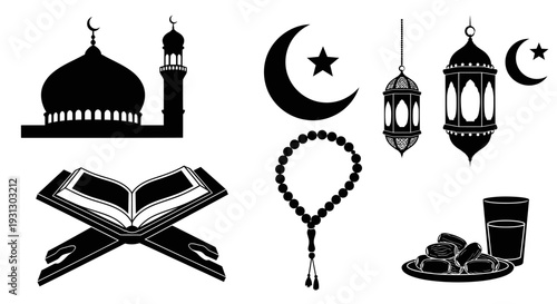A harmonious collection of essential Islamic religious symbols and traditions, perfect for Ramadan greetings, Eid al-Fitr celebrations, spiritual devotion, and cultural designs