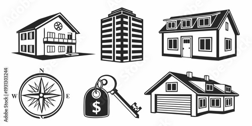 Illustration of various house types and real estate symbols