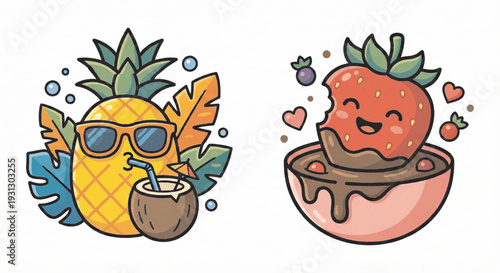 Set of 2 cute fruit flat vector icons, cool summer pineapple drinking coconut water and kawaii smiling strawberry dipped in melted chocolate