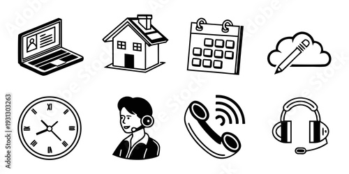 Icons representing various aspects of remote work and communication