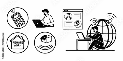 A person working on a laptop surrounded by various symbols representing education and technology.