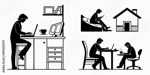 Diverse individuals engaged in various activities such as working and relaxing