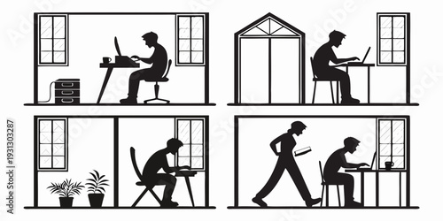 A sequence of illustrations depicting a person's daily activities and interactions with their home