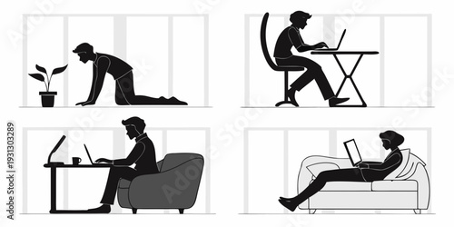 Four people in different postures while working on their laptops