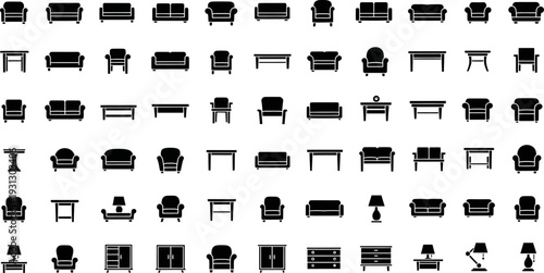 Extensive Collection of Furniture and Home Decor Icons in Silhouette Style