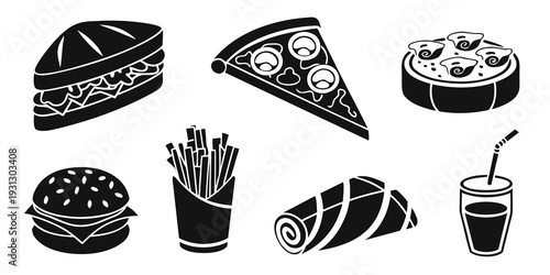 Assorted fast food items including burgers, pizza, fries, and desserts