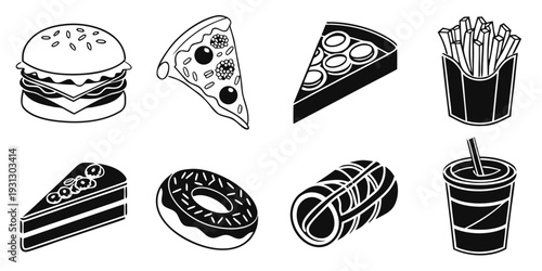 Assorted food items including pizza, fries, and a donut on a white background