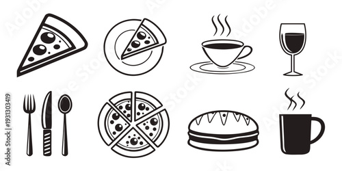 Assorted food and drink illustrations showcasing various meals and beverages