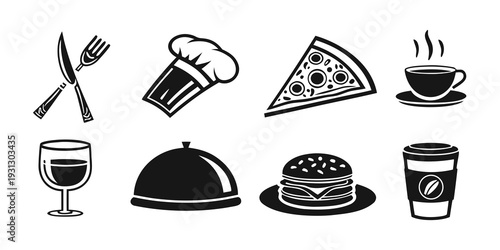 A variety of food and drink items depicted in a simple black and white illustration