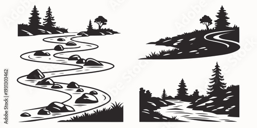 Four distinct black and white illustrations of nature scenes with people