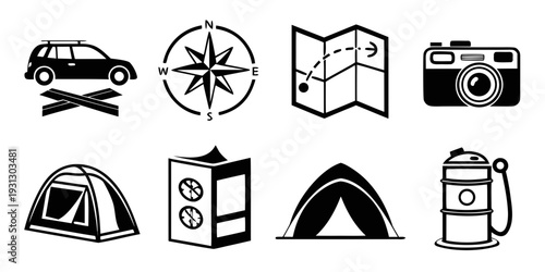 Icons representing various outdoor activities and equipment for adventure and exploration.