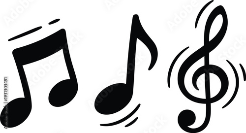 Set of hand drawn musical notes and a treble clef symbol with motion lines on a white background