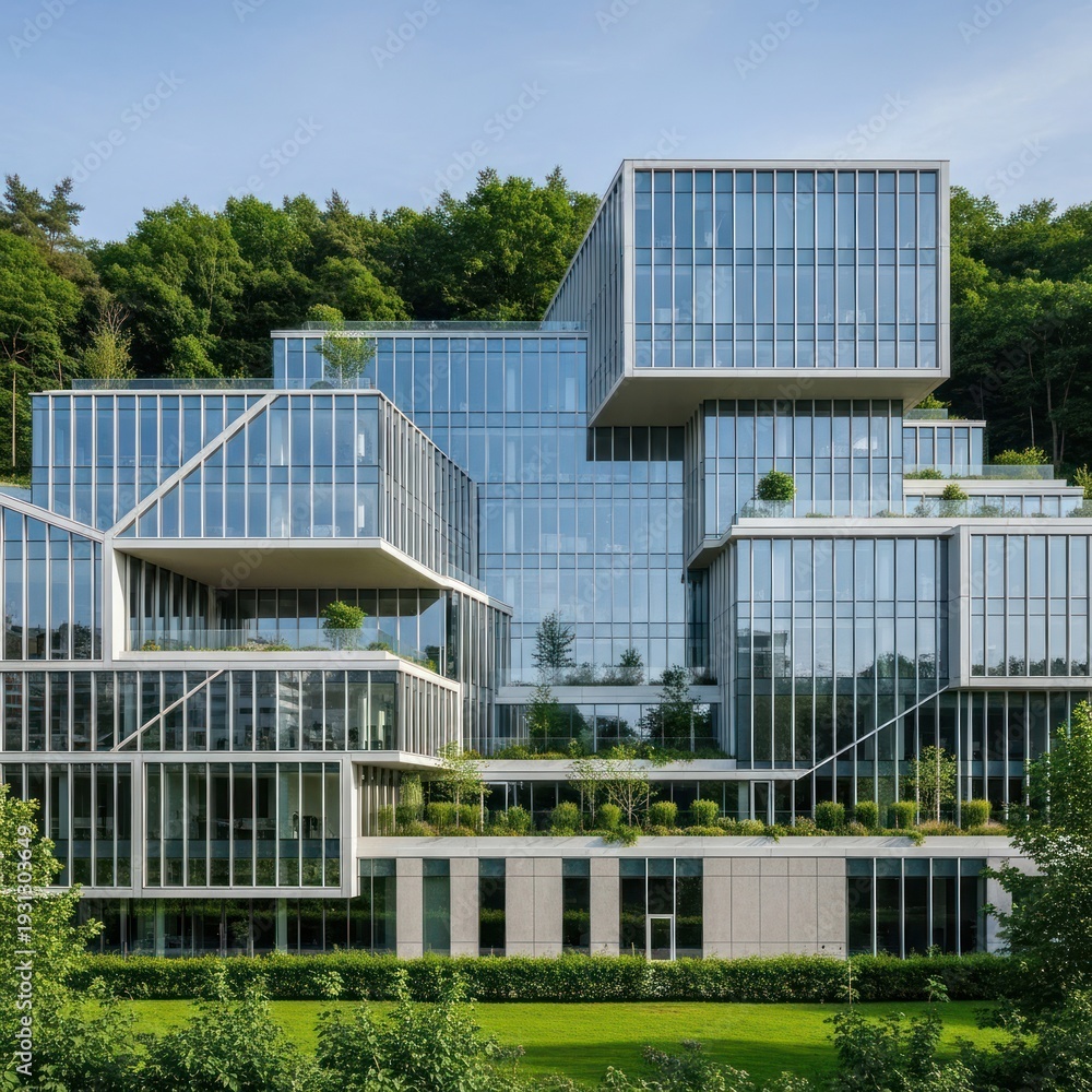 Obraz premium Modern glass-clad architectural complex featuring stacked cube volumes set among lush greenery.
