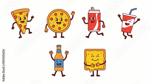 Cartoon Food and Drink Vector Characters | Pizza, Soda, Beer, Toast, Anthropomorphic Illustrations with Faces, Arms, Legs for Kids Media, Advertising, Stickers, Educational Creative Design Resources