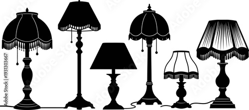 Elegant collection of vintage lamp silhouettes, classic antique lighting fixtures vector illustration.