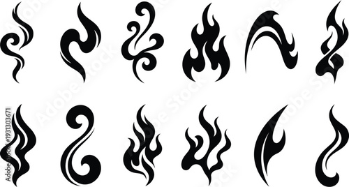 Set of twelve black smoke and fire swirl silhouette icons isolated on a white background.