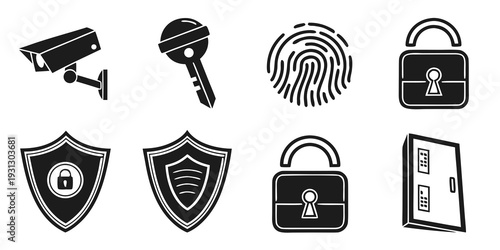 Assorted security icons representing various protective measures and devices