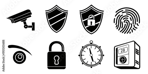 A collection of security icons representing various aspects of protection and safety
