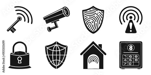 A collection of icons representing various aspects of home security and safety