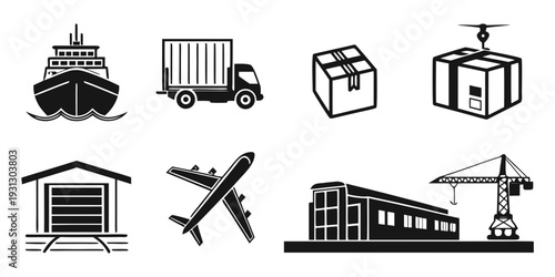 Diverse transportation and logistics icons showcasing various shipping methods