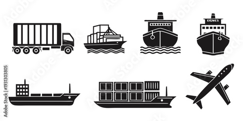 A diverse collection of transportation vehicles and vessels for shipping and logistics.