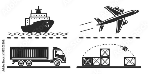 Illustration of various transportation methods including ships, planes, trucks, and trains
