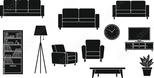 Modern Home Furniture and Interior Decor Icons Set for Living Room Design