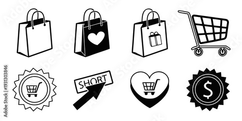 Assorted shopping icons featuring bags, hearts, and shopping carts