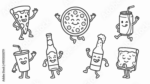 Cartoon Food and Drink Vector Characters | Pizza, Soda, Beer, Toast, Anthropomorphic Illustrations with Faces, Arms, Legs for Kids Media, Advertising, Stickers, Educational Creative Design Resources