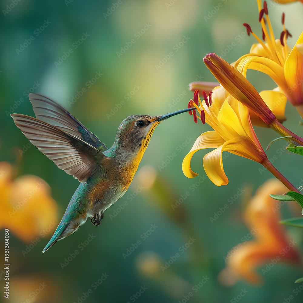 Fototapeta premium A tiny hummingbird flits gracefully as it feeds on bright yellow lilies in a serene garden Generative AI
