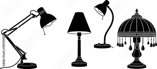 Collection of diverse black silhouette table and desk lamps vector illustration