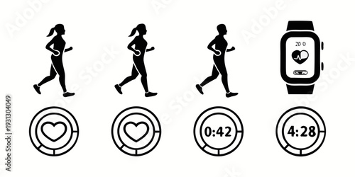 Illustration of a woman running and her heart rate data on a smartwatch